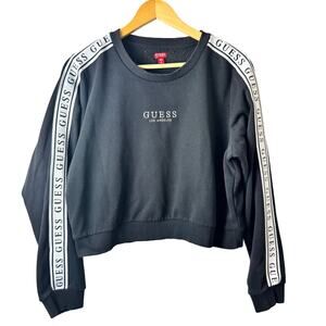Guess Crewneck Sweater Women’s Sz XL Black Cropped Long Sleeve Y2K Logo Retro